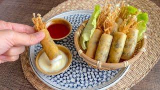 Nấm kim châm cuộn chả giò chay | Bí quyết chiên nấm giòn ngon| Ăn chay cùng Nhi